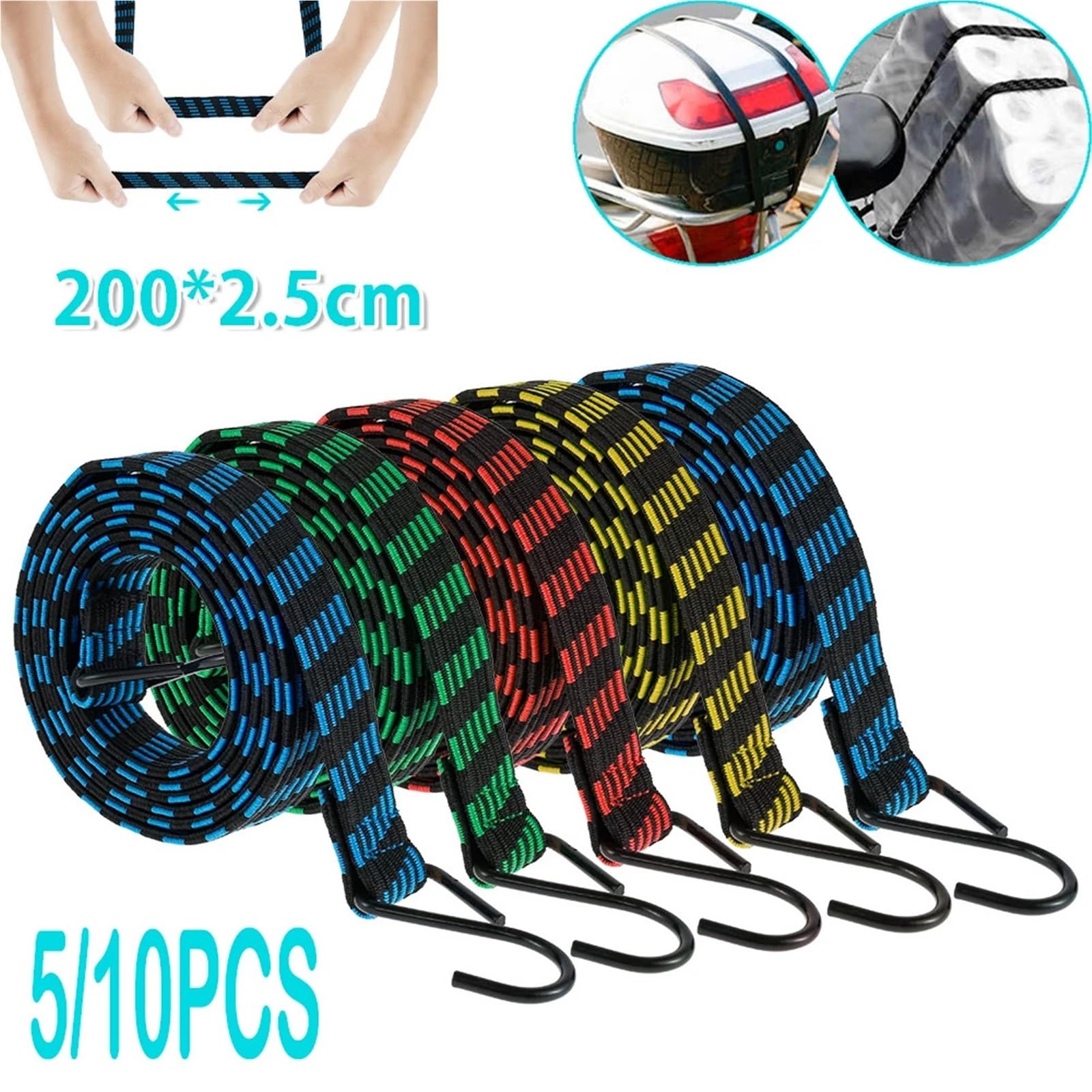Corde Elastiche Con Gancio 5 pezzi corde elastiche con ganci cinghie for bagagli pesanti corda elastica piatta antiscivolo(10pcs)