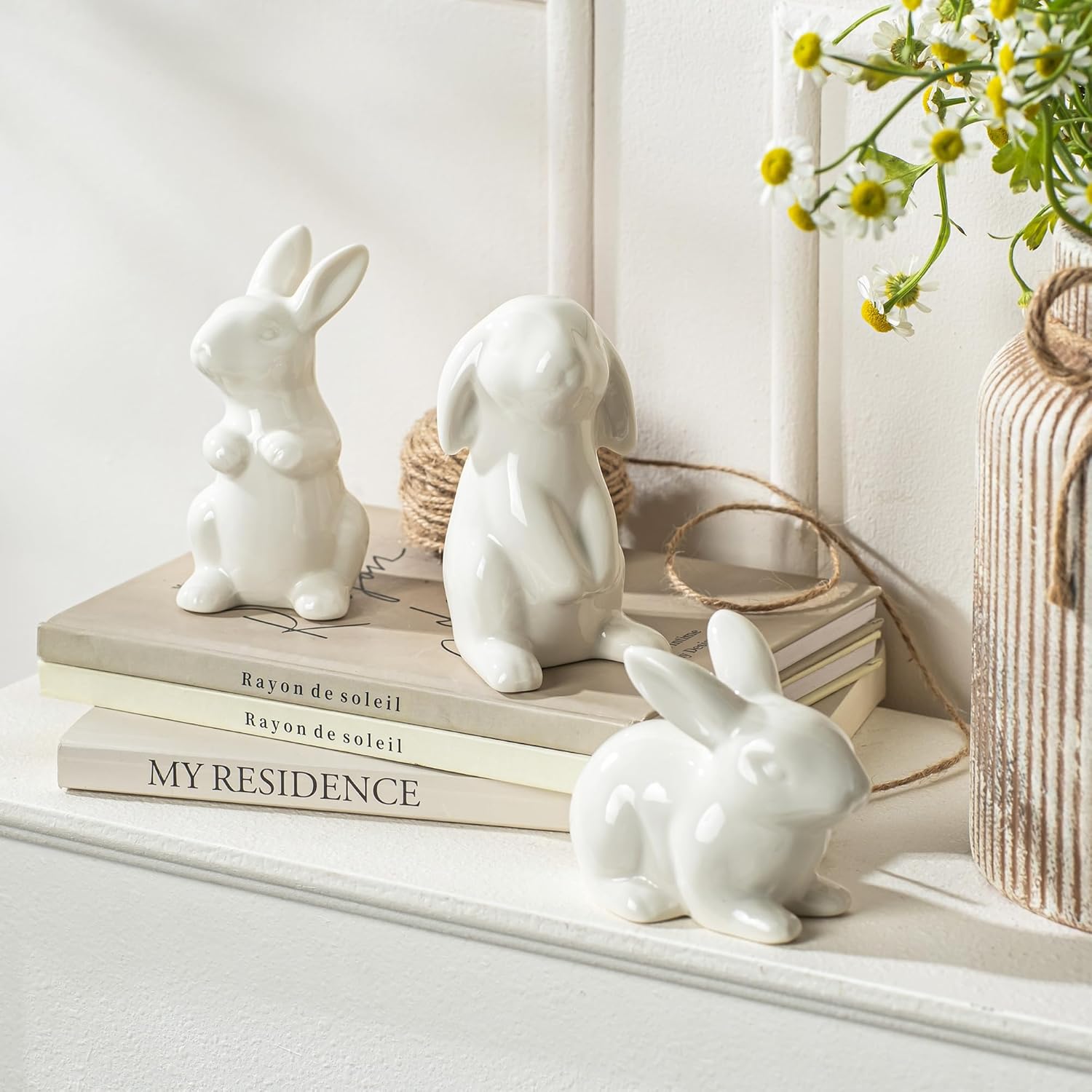 3Pcs Easter Bunny Figurine Ceramic, Porcelain Bunny Rabbits Statue for Spring Home Decor, Easter Decorations Rabbit Figurines for Modern Art