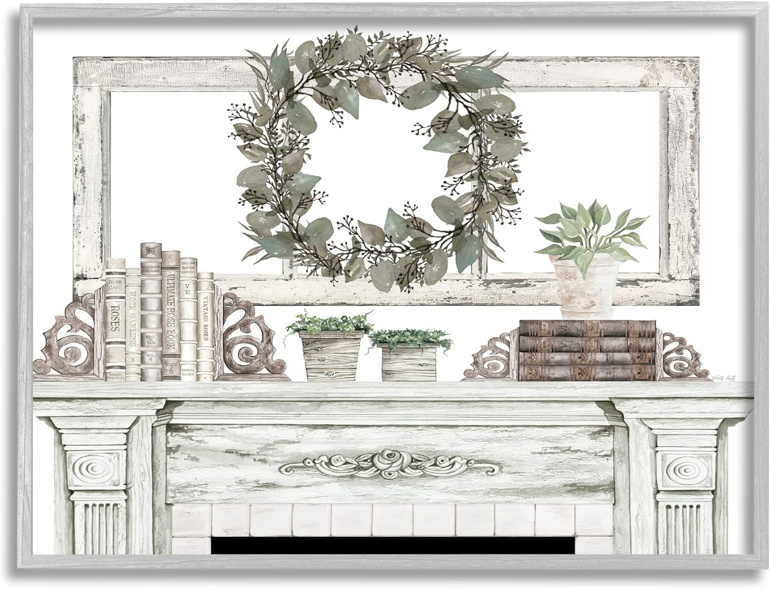 Stupell Industries Festive Wreath Cozy Fireplace Mantel Rustic Design, Design by Cindy Jacobs, 30 x 24, Grey Framed Grey Framed 30 x 24