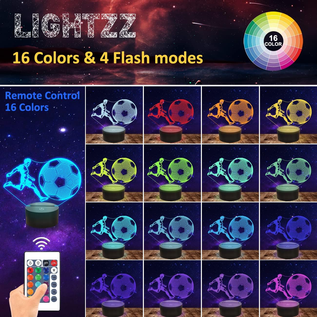 Soccer Night Light Gifts for Boys Girls, Soccer Light 3D Illusion Lamp Futbol with 16 Colors, Flashing Changing for Kids 8-12 Birthday Christmas Ornament Gifts Bedroom Decor - Image 2