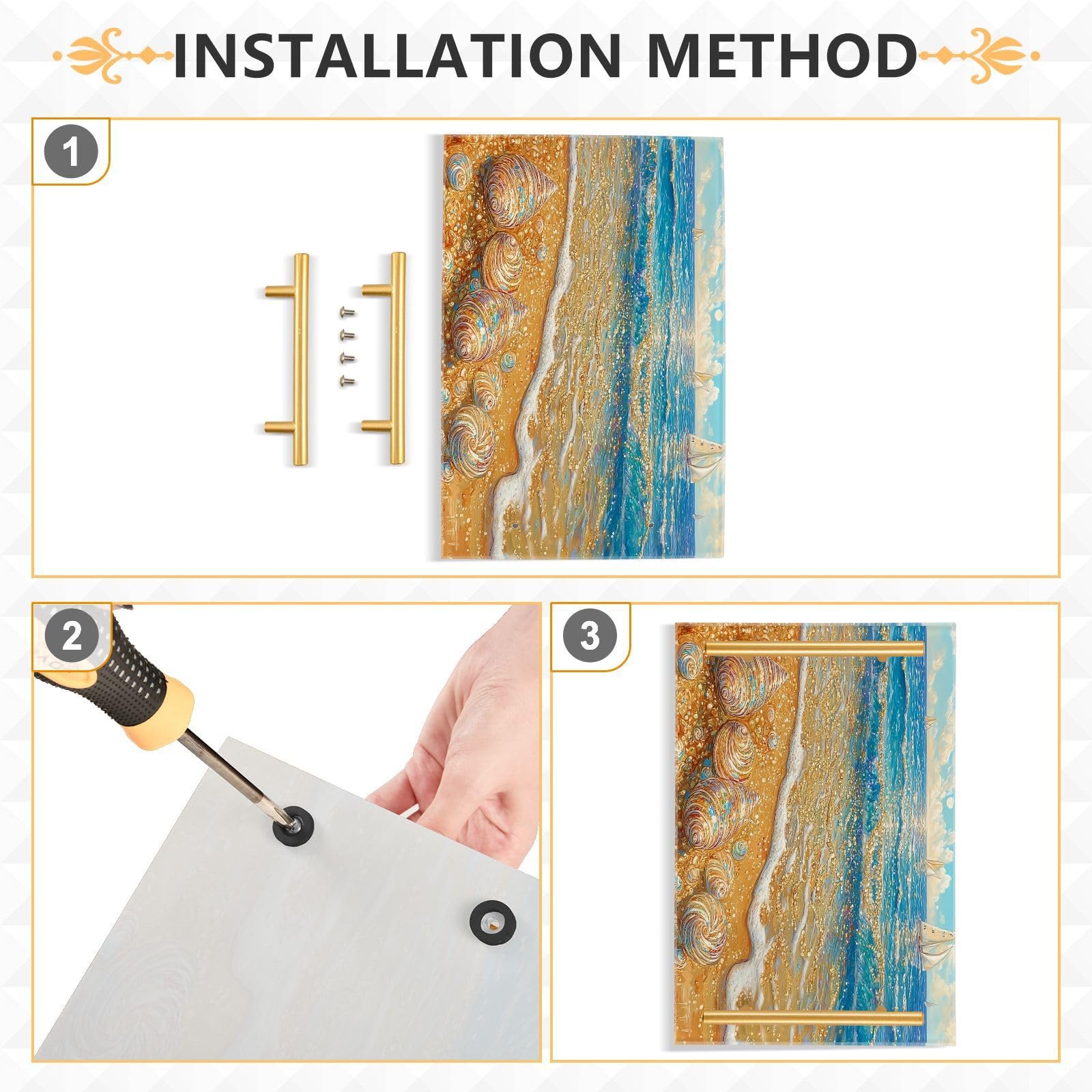 GUIJI Beach & Sailing Acrylic Tray, Perfume Cosmetic Jewelry Decorative Trays Bathtub Organizer, Living Room Kitchen Serving Tray with Gold Handles