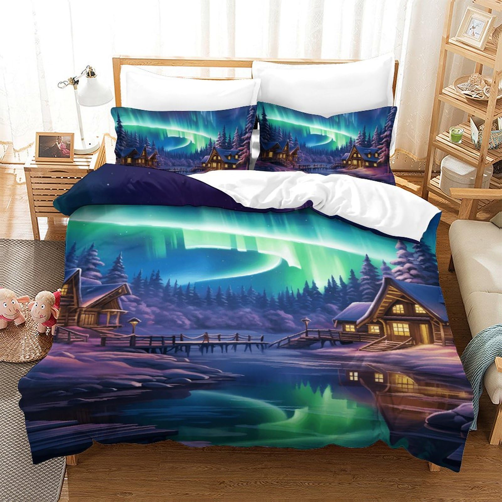 Housse de couette aurores boréales moderne pour chambre ado 140x200cm