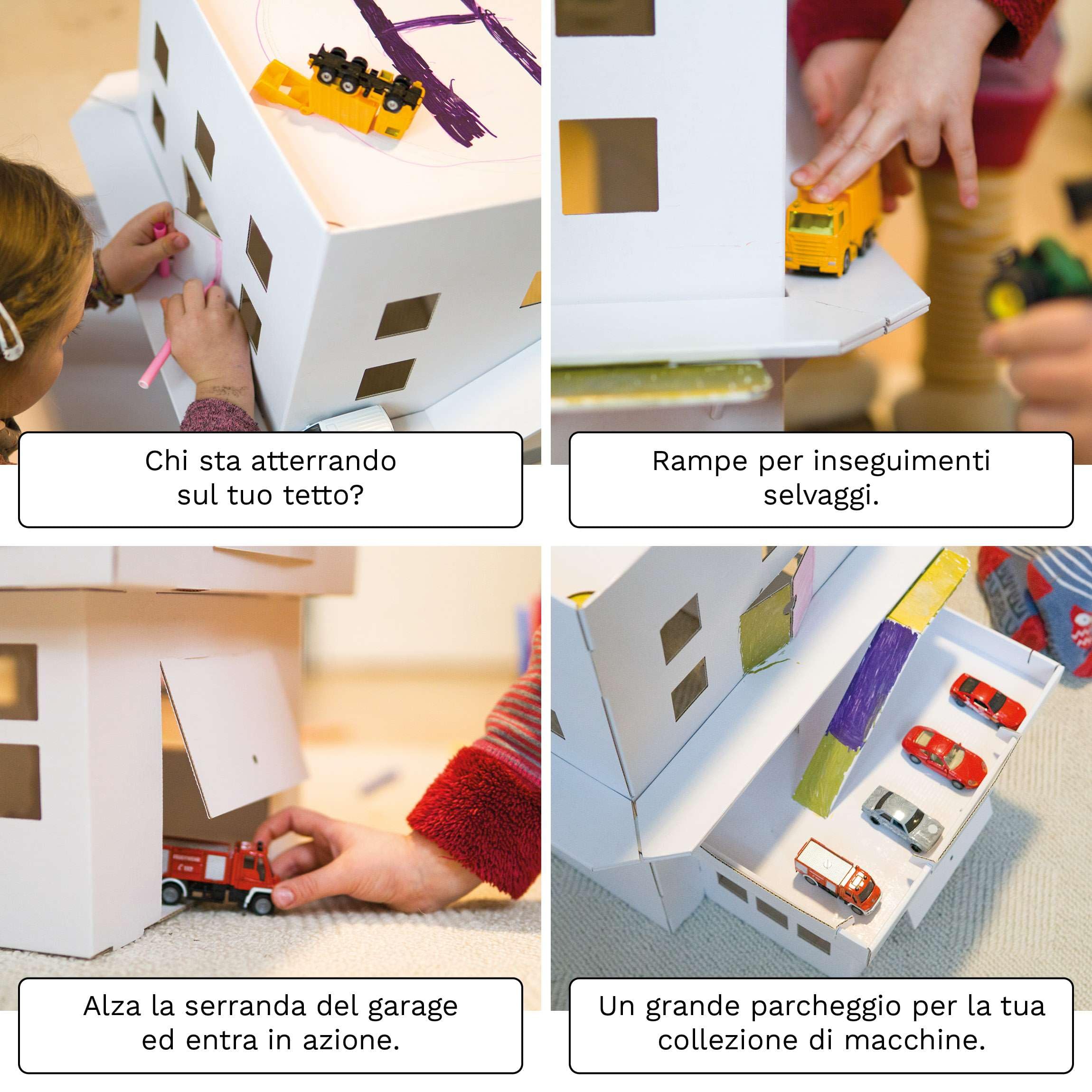 Casetta di cartone 3 in 1-65 x 50 x 50 cm caserma pompieri stazione polizia ospedale giocattolo per bambini