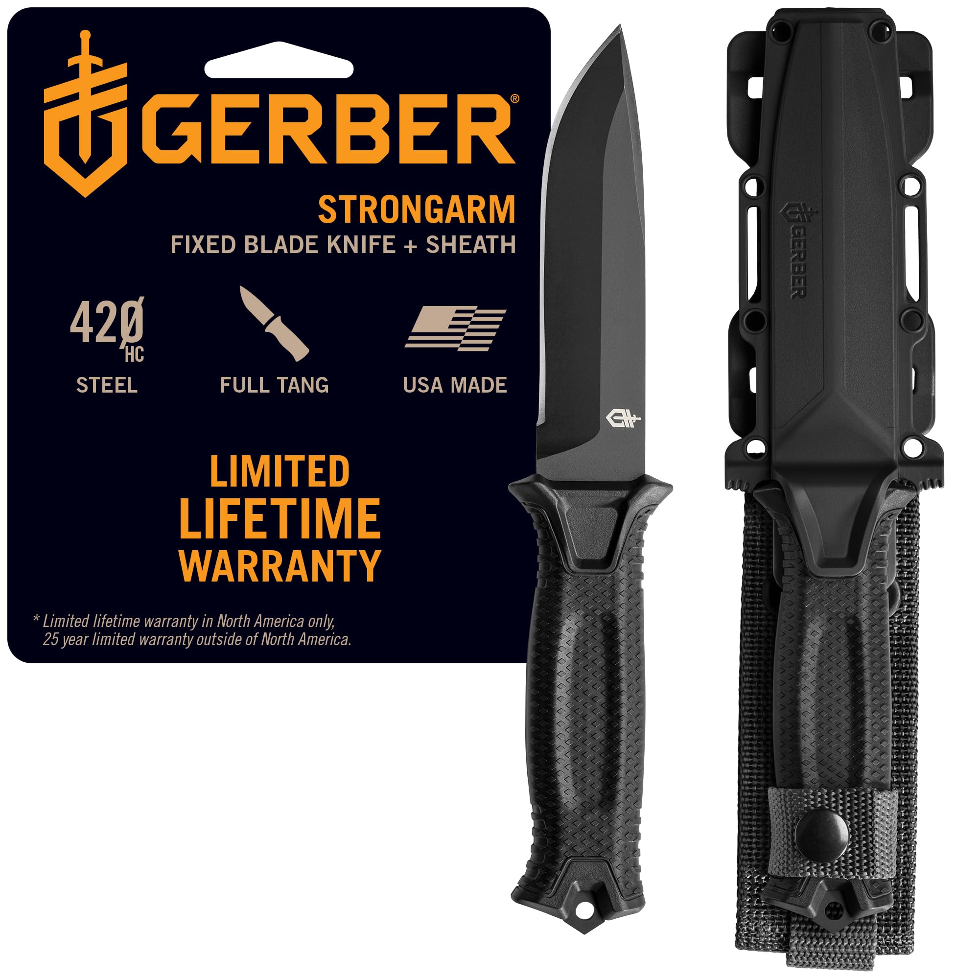 Gear StrongArm Fixed Blade Knife - Tactical Survival Knife for Camping & Hunting - Made in USA - Plain Edge- Jet Black