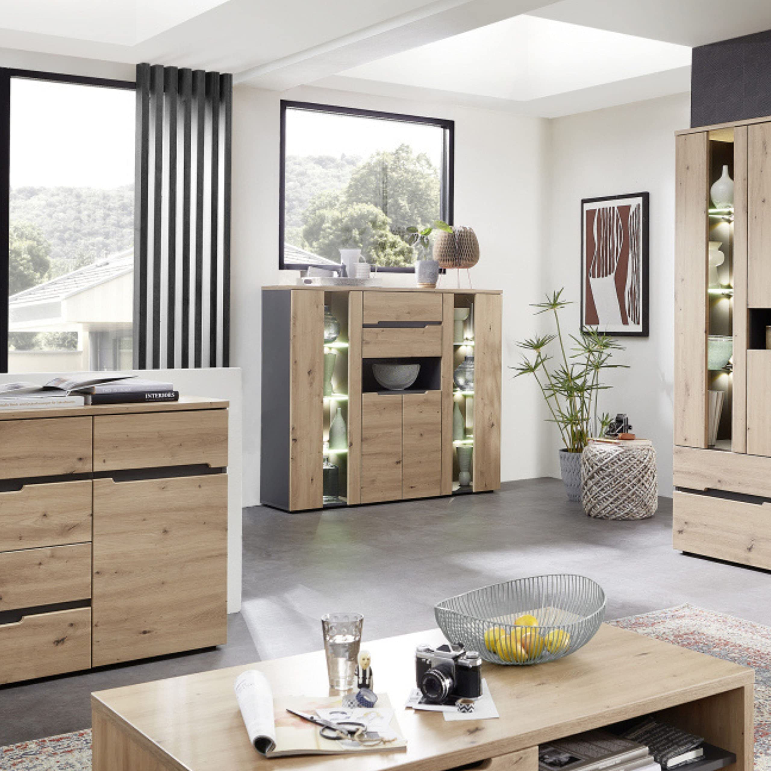 Stella Trading Sideboard 'Memphis' – 165x82x44 Cm, Artisan Eiche Optik Mit Graphit, 4 Schubladen, Soft-Close