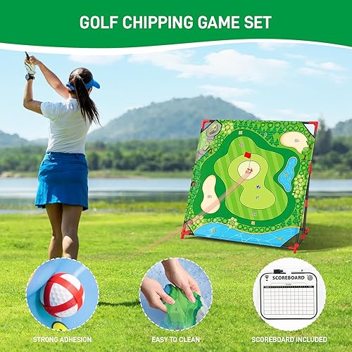 Miniatura 2 de Juego de astillado de golf con soporte, tapete de golf mejorado de 54 x 54 pulgadas y juego de práctica con bolas adhesivas, perfecto para patio