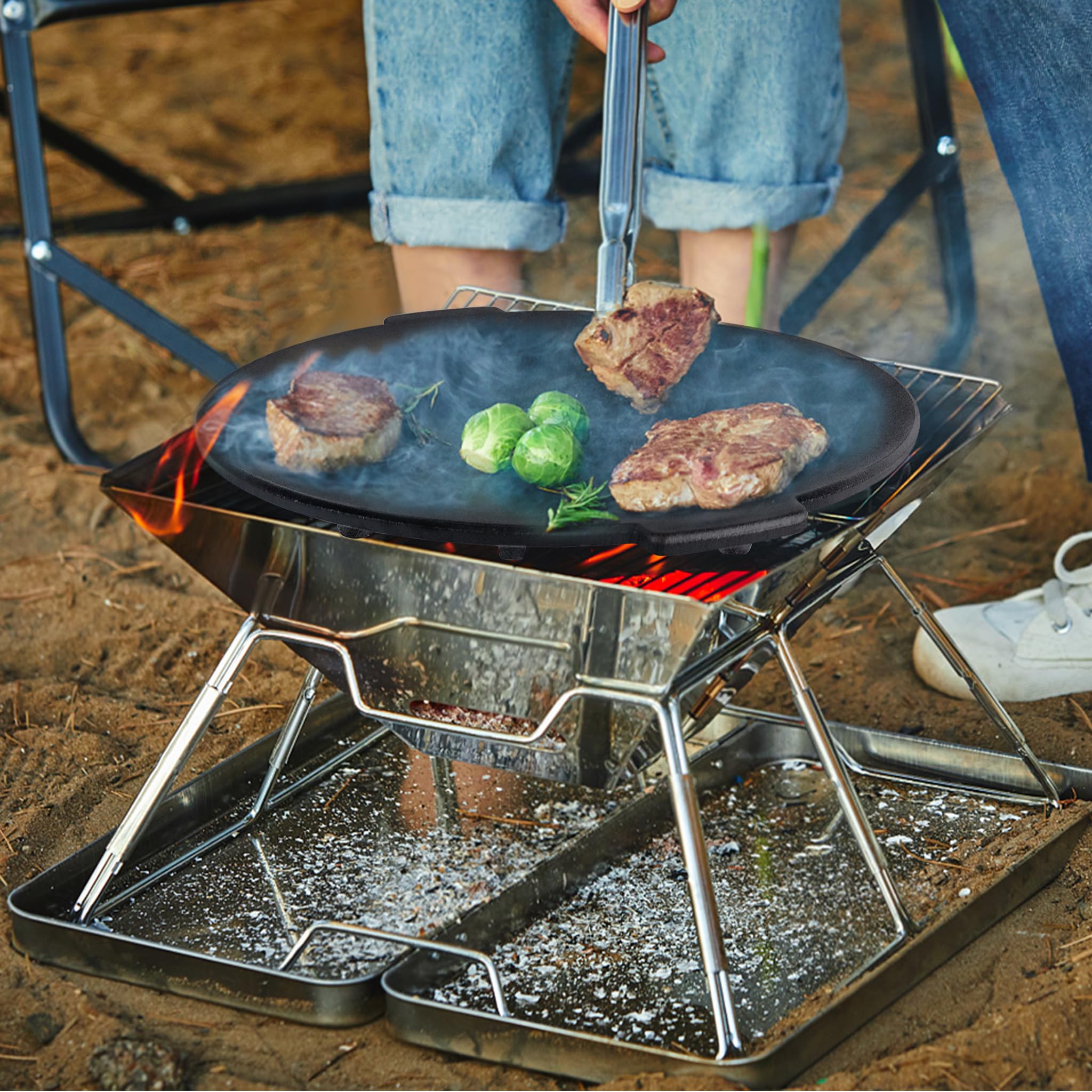Aufun parrilla de hierro fundido con 3 patas parrilla parrilla accesorios redondo, soporte para horno holandés, Ø 45 cm parrilla para acampar, jardín, viajes
