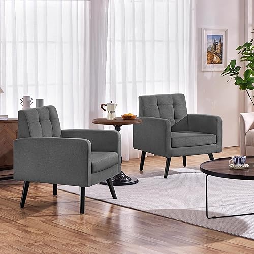 Miniatura 5 de Yaheetech Sillas decorativas de mediados de siglo, silla moderna tapizada para sala de estar, sillón acogedor con respaldo abotonado y patas de