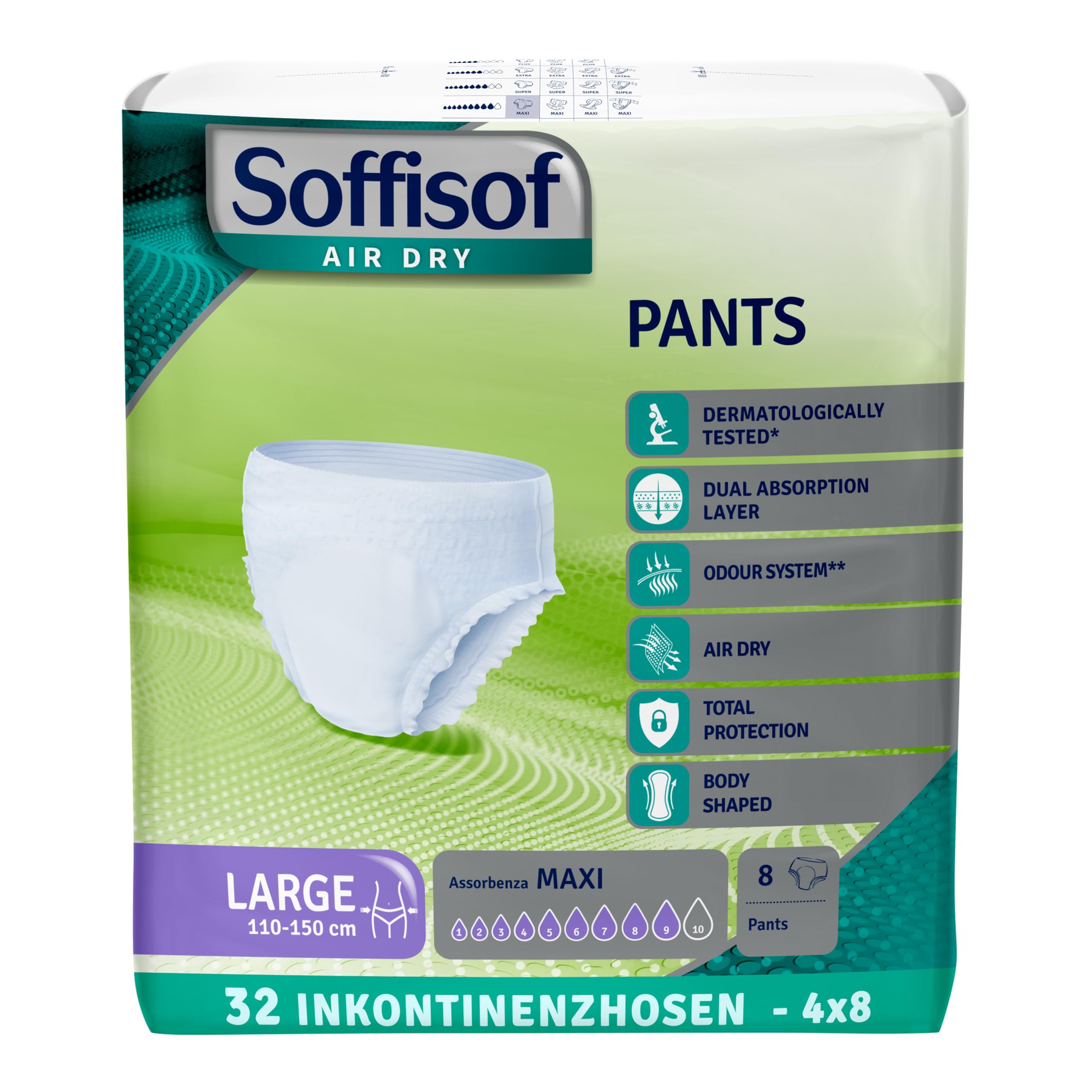 Soffisof Air Dry Windelpants für Erwachsene Maxi L - 32x Inkontinenz Pants - 4 Packungen mit 8 Windeln, 9 Tropfen - Windeln Pants
