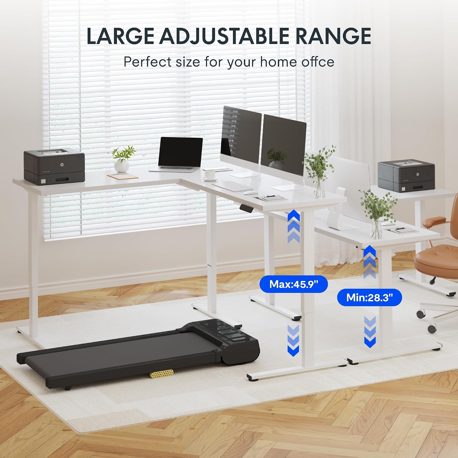 Diagram showing the large adjustable height range of the desk