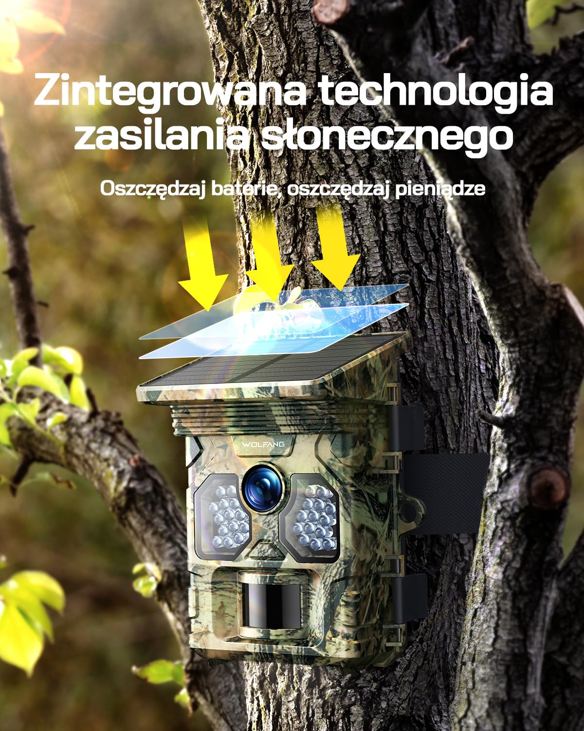 WOLFANG Solarna kamera przyrodnicza 4K 48 MP, kamera szlakowa z noktowizorem aktywowanym ruchem 0,1 s, czas wyzwalania IP66, wodoodporna camera do gier do monitorowania dzikiej przyrody