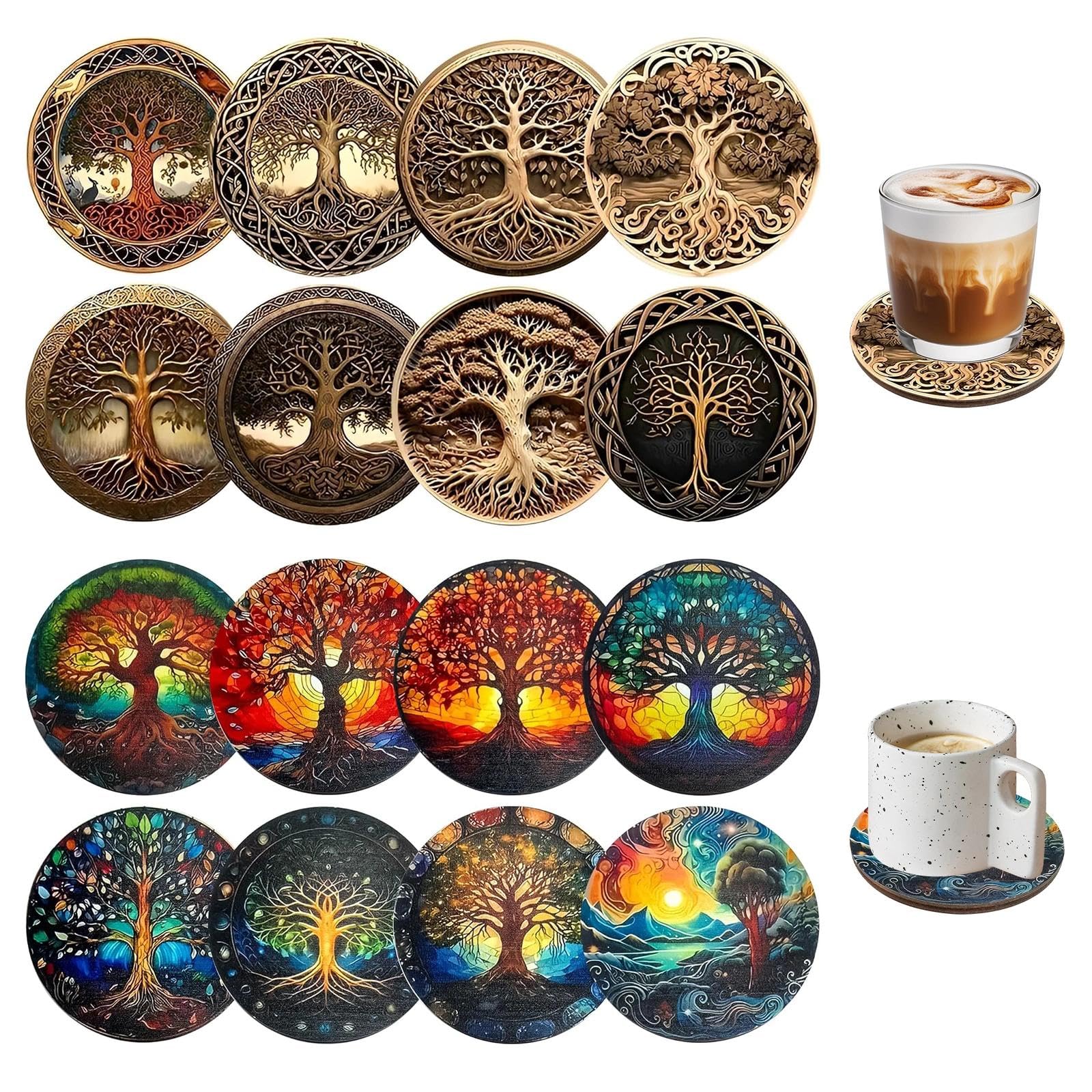 16pcs Tree of Life Wooden Coasters Set, Natural Wood Drink Coaster, Tabletop Protectors for Home Kitchen Office Coffee Table Decor, Housewarming Gifts
