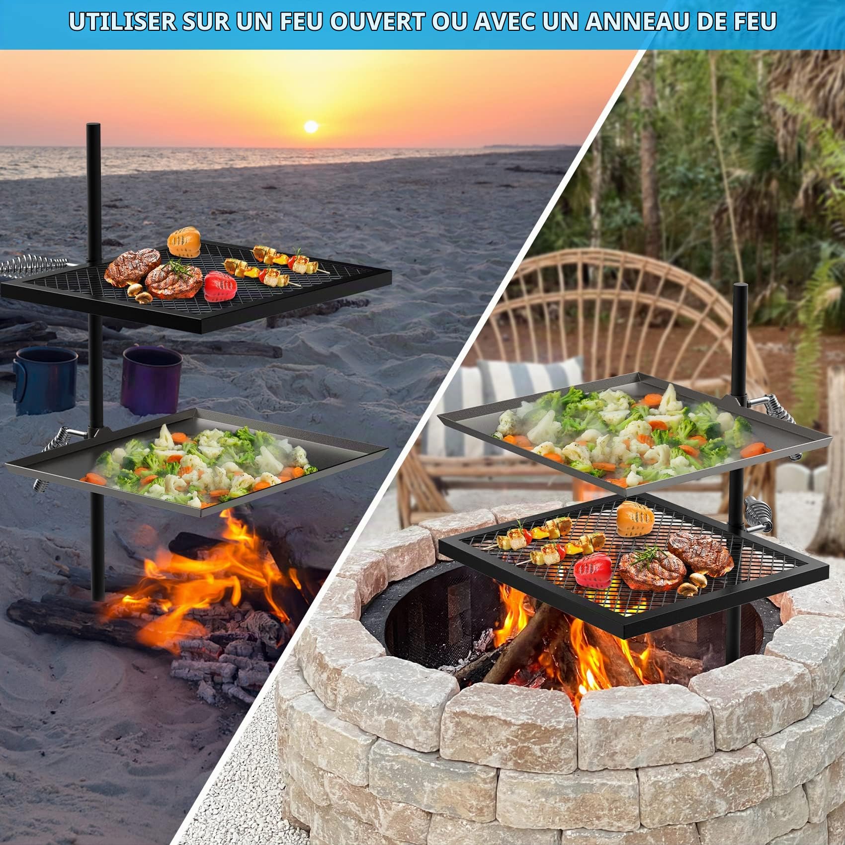 Onlyfire Kit de Grille et Plaque de Camp avec Sac de Transport pour Foyer, Barbecue, Jardin, Feu, Camping - Grille de Cuisson 35.4 x 40.5 cm - Plaque de Cuisson 35.2 x 40.5 cm - Hauteur Réglable