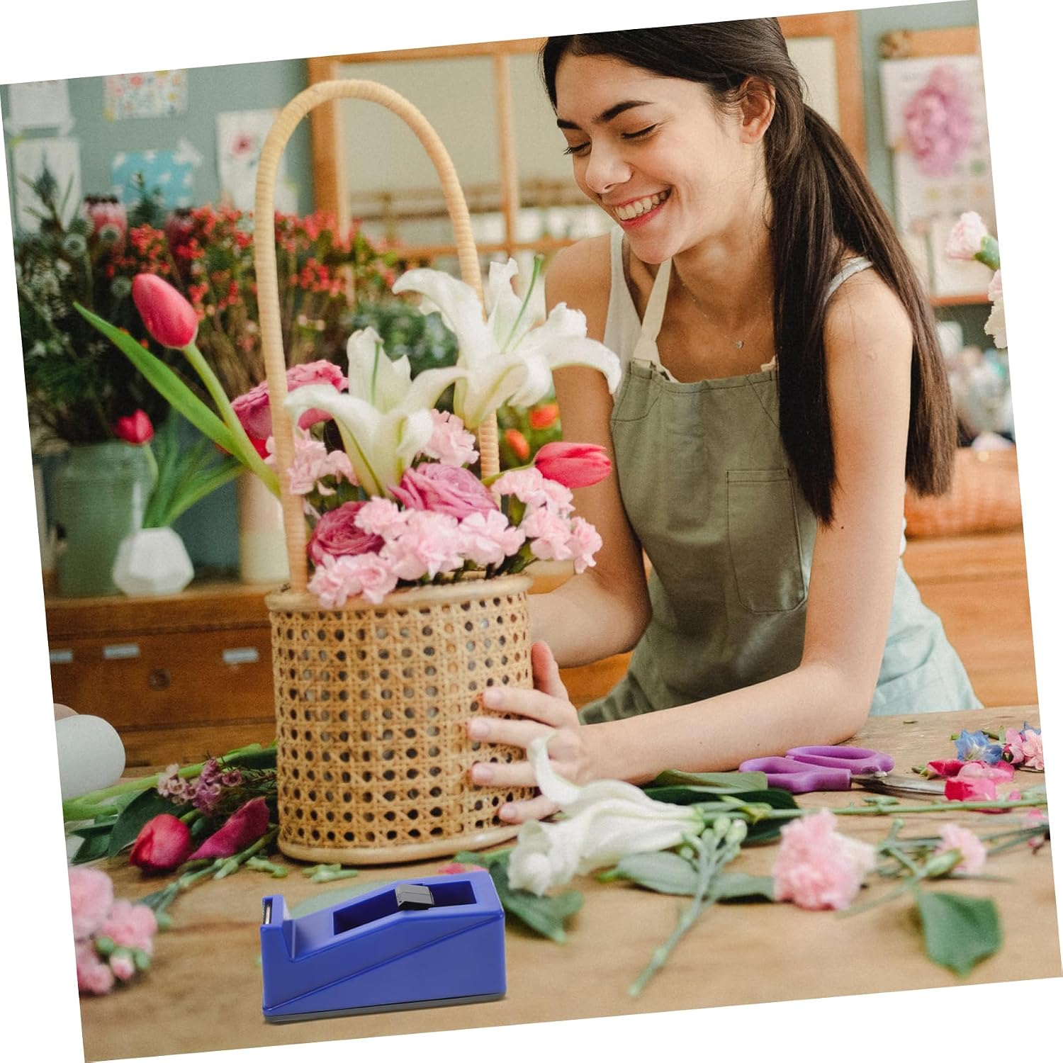 1Set Floral Wrapping Tape with Convenient Dispenser Holder of Transparent Tape for Flower Arrangements DIY Craft Projects and Present Packaging