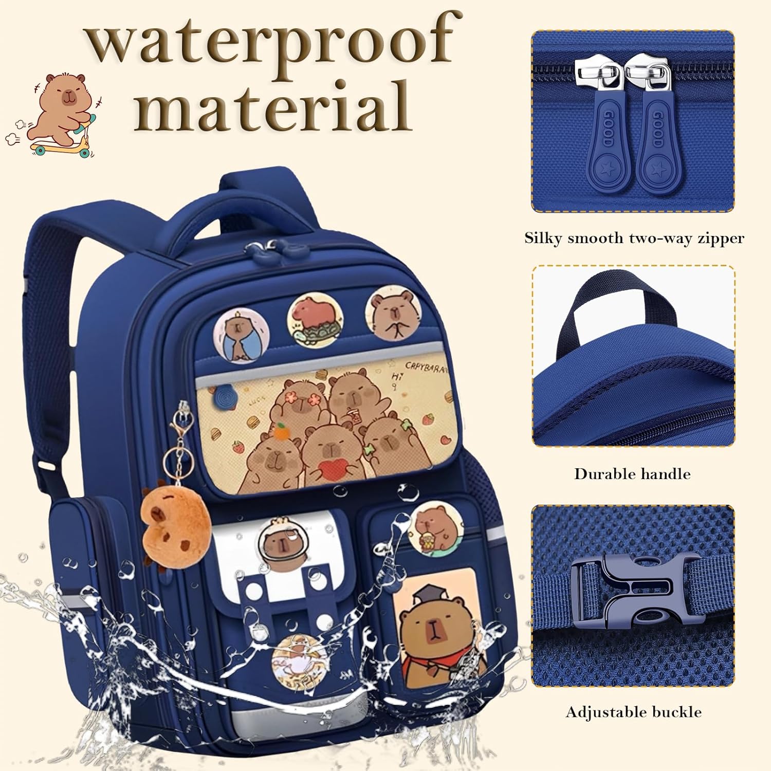 Waterproof Capybara Backpack，Large-capacity Kawaii capybara bag with 31-Piece Accessories (Pencil case, notebook, sticky notes, lunch bag, gel pen and others)