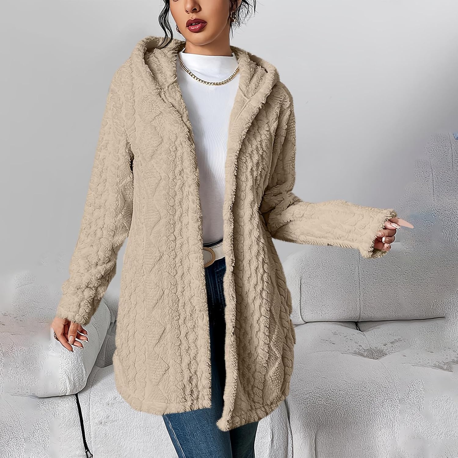 Womens Fleece Jacket Casual Button Up Fuzzy Hooded Long Sleeve Cardigan Sweaters Warm Sherpa Lined Coat Outerwear - Image 3