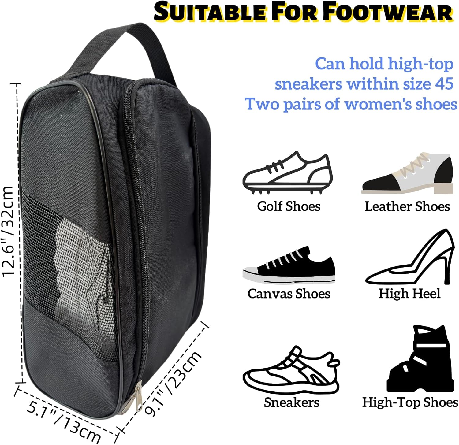 2 Pcs Golf Shoe Bag for Travel, Outdoor Zippered Sports Shoe Carrier Tote with Ventilation, Protective Shoe Storage Pouch for Men Women (2Pcs-Black) - Image 3