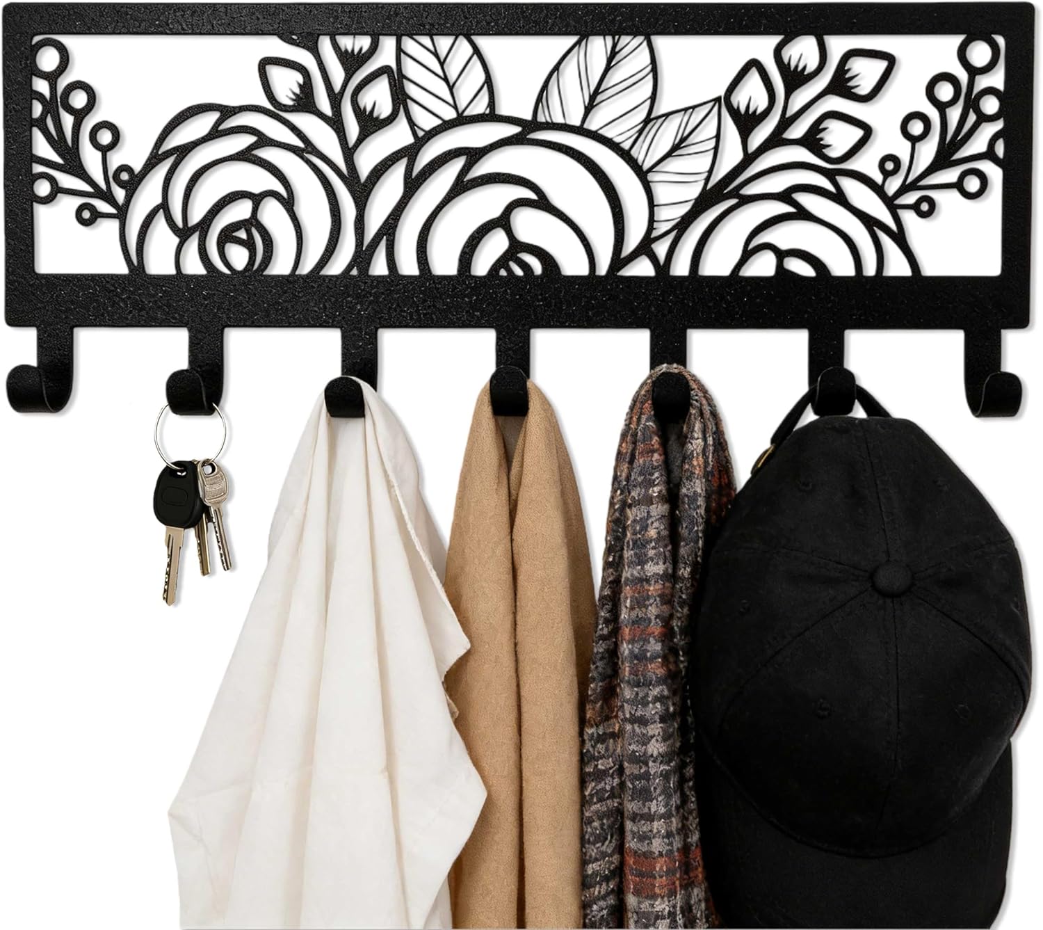 Black Metal Flower Wall Mount Rack with 7 Hooks, Decorative Wall Hanger for Coats, Jackets, Hats, Bags, Keys, Metal Wall Organizer for Bedroom, Bathroom, Kitchen, Living Room, Office, Home