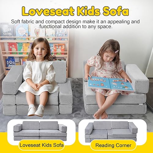 Miniatura 90 de MeMoreCool Sofá infantil para sala de juegos, sofá modular de 10 piezas, sofá convertible de pana, juego de construcción de fuerte de espuma para