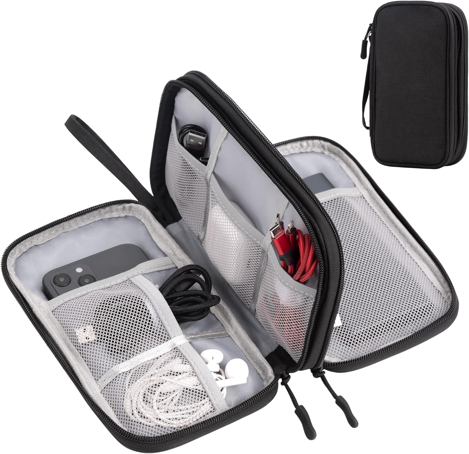 Arae Travel Accessories Suitcase Organizer, Double Layer Travel Cable Holder with Large Capacity for Cables, Cards, Chargers, Headphones – Gadget Tech Useful, M, Black