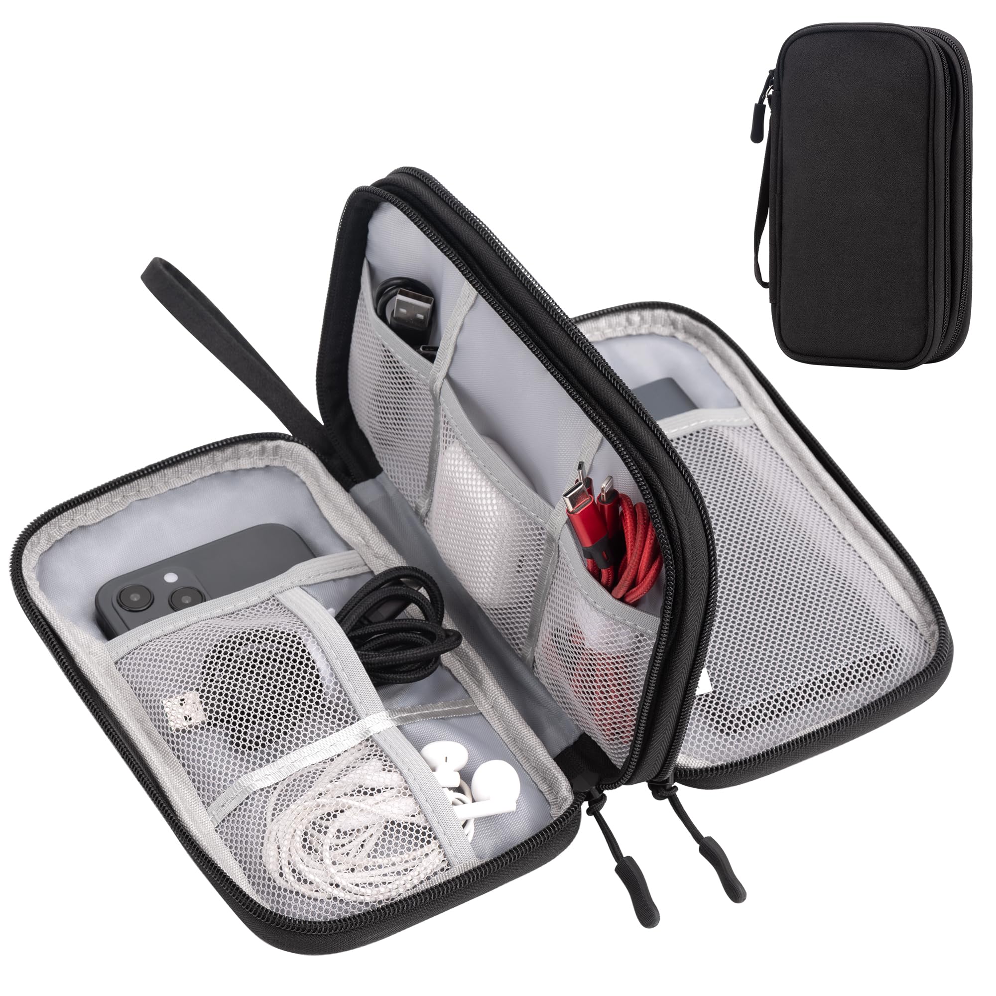 Arae Elektronik Zubehör Organizer, Kabeltasche Travel Essentials, Doppelschicht Reise Kabel Tasche, Electronic Accessories für Ladegerät, USB, SD Karten (Schwarz, M)