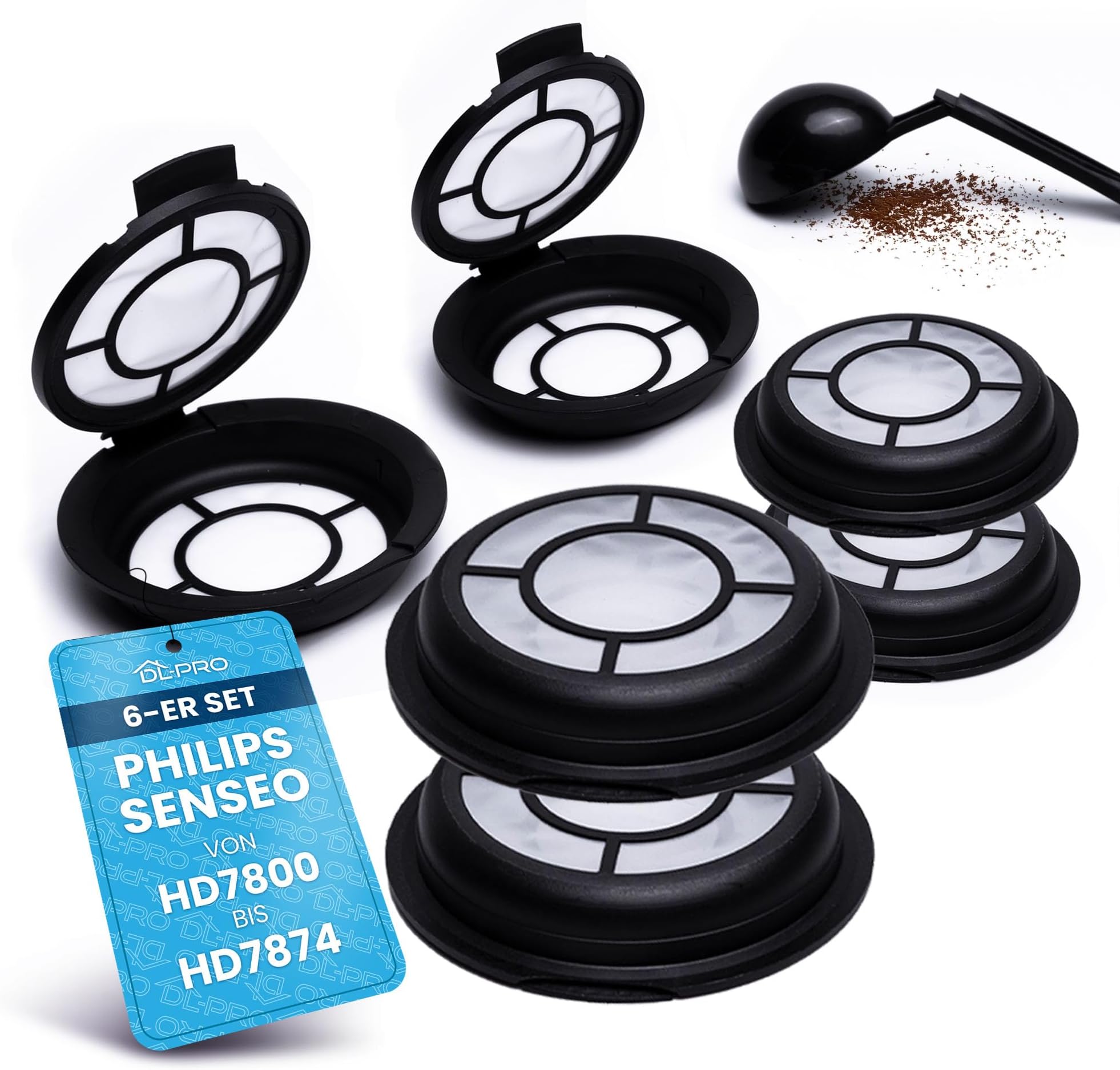 6 x Coffee Pads Coffee Filter for Melitta 180424 Refillable Permanent Pad Filter for Senseo Coffee Machine HD7800 to HD7874 4 with Coffee Powder Spoon