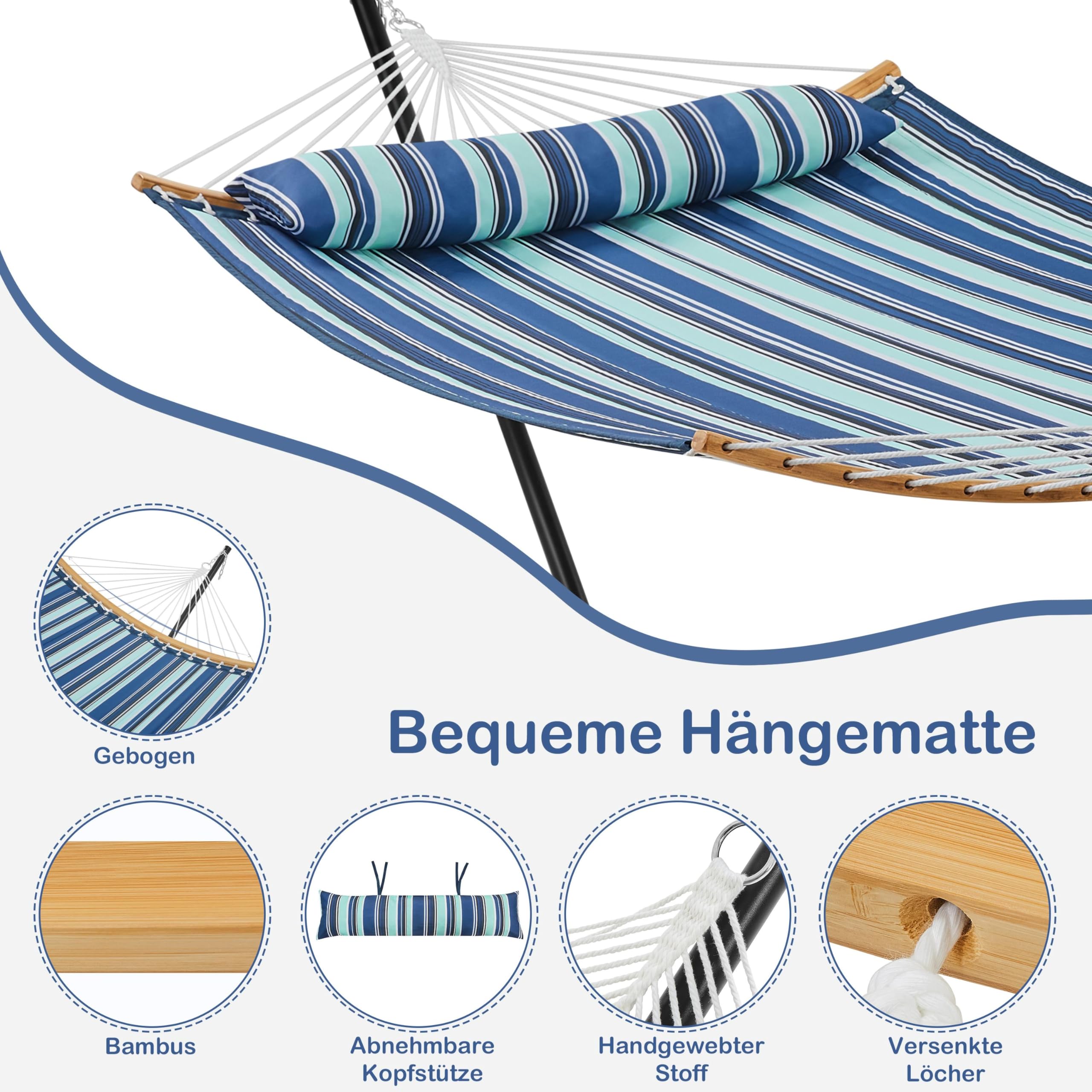 Yaheetech Hängematte mit Gestell & Kissen, XXL Doppelhängematte mit Ständer bis 216 KG Belastbar für 2-3 Personen, Höhenverstellbarer Hammock für Outdoor & Indoor, Blauer Streifen | XXL Doppelhängematte Belastbar für 2-3 Personen, Höhenverstellbarer Hammo