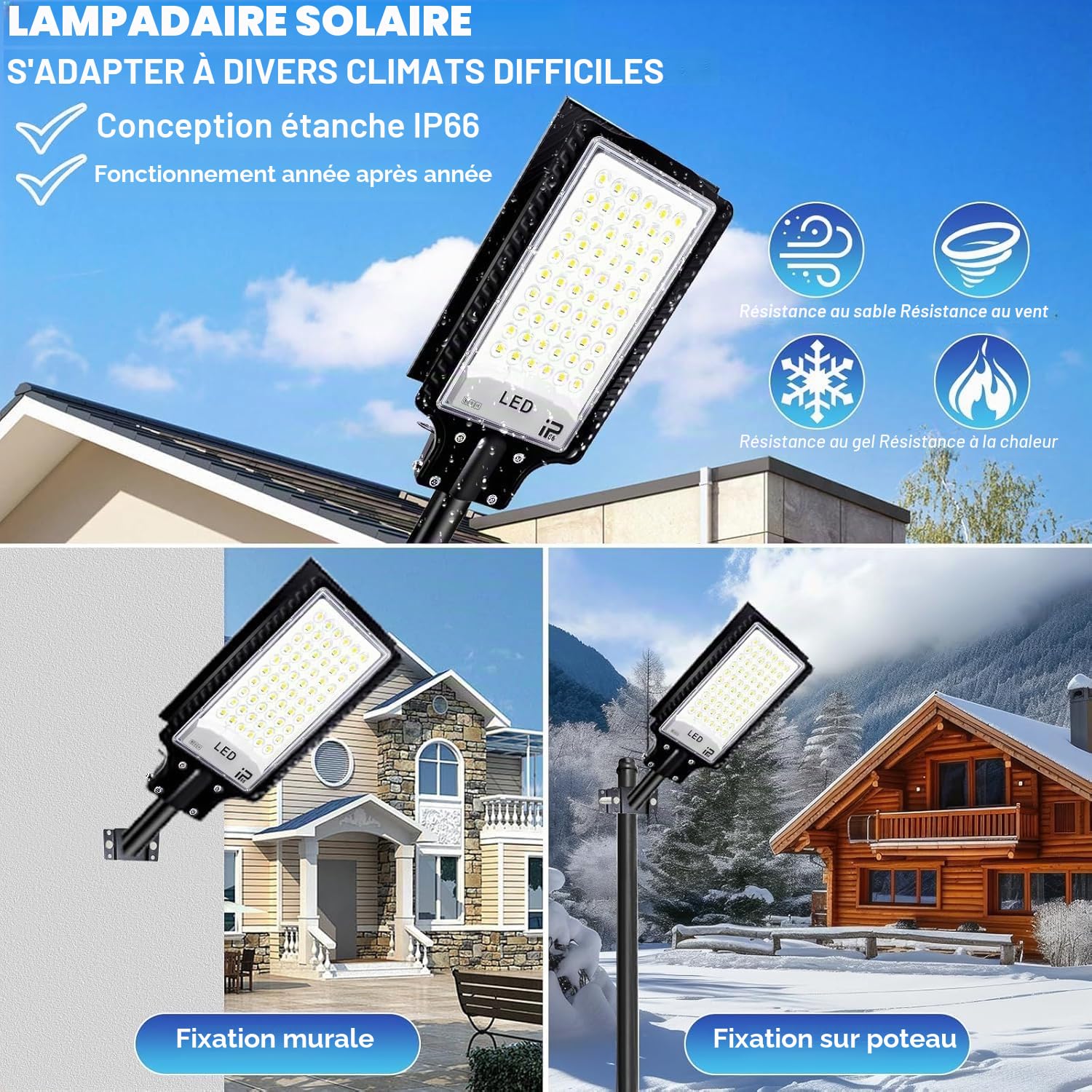 Eleganted Lampadaire Solaire Exterieur, IP66 Étanche Luminaire solaire, 30000LM Projecteur Exterieur Solaire, 6500K Lampe Solaire avec Télécommande, pour Parking Patio Rue Jardin, Cour