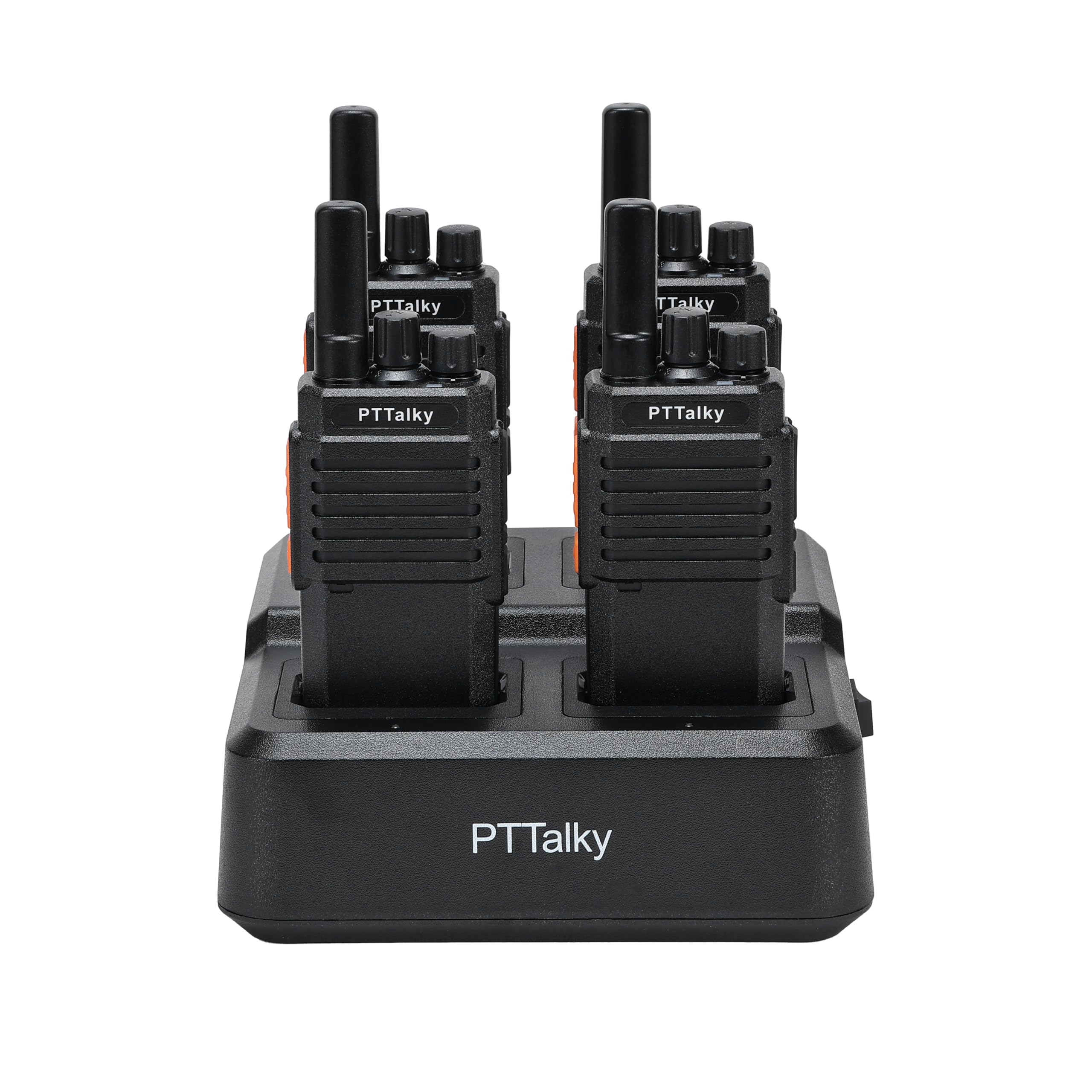 PTTalky PR2 Walkie Talkie PMR446 sin Licencia con Cargador de 4 Vías | 4Piezas 16 Channels de Larga Distancia Walkie Talkie set ,con VOX ,para Adultos Senderismo Industria, Lagerhaus