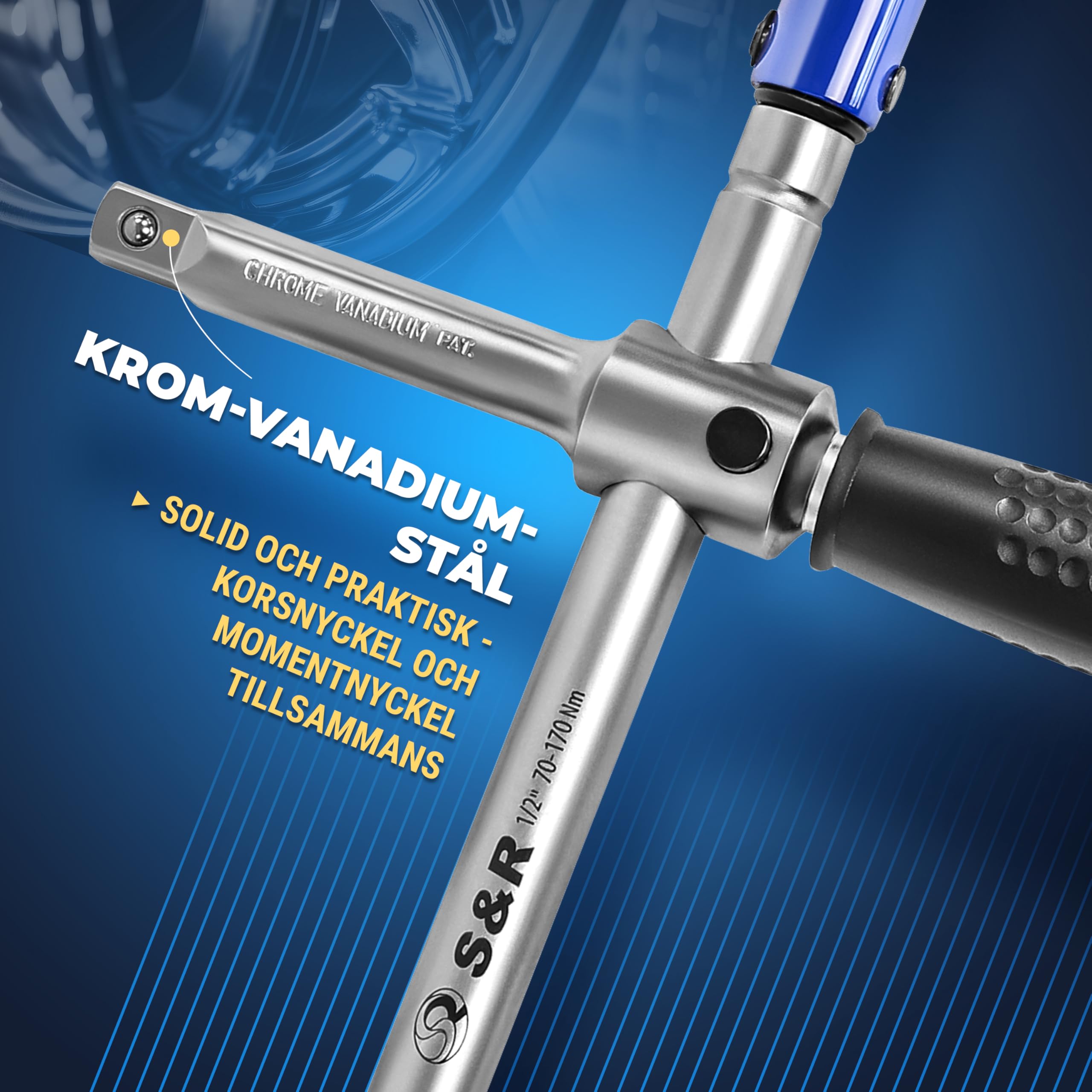 S&R Zestaw kluczy dynamometrycznych, nowy patent, klucz krzyżowy z uchwytem wrzecionowym, 70-170 Nm: 1/2", w tym 3 nasadki 17 mm, 19 mm, 21 mm, ze stali CrV, w solidnej walizce
