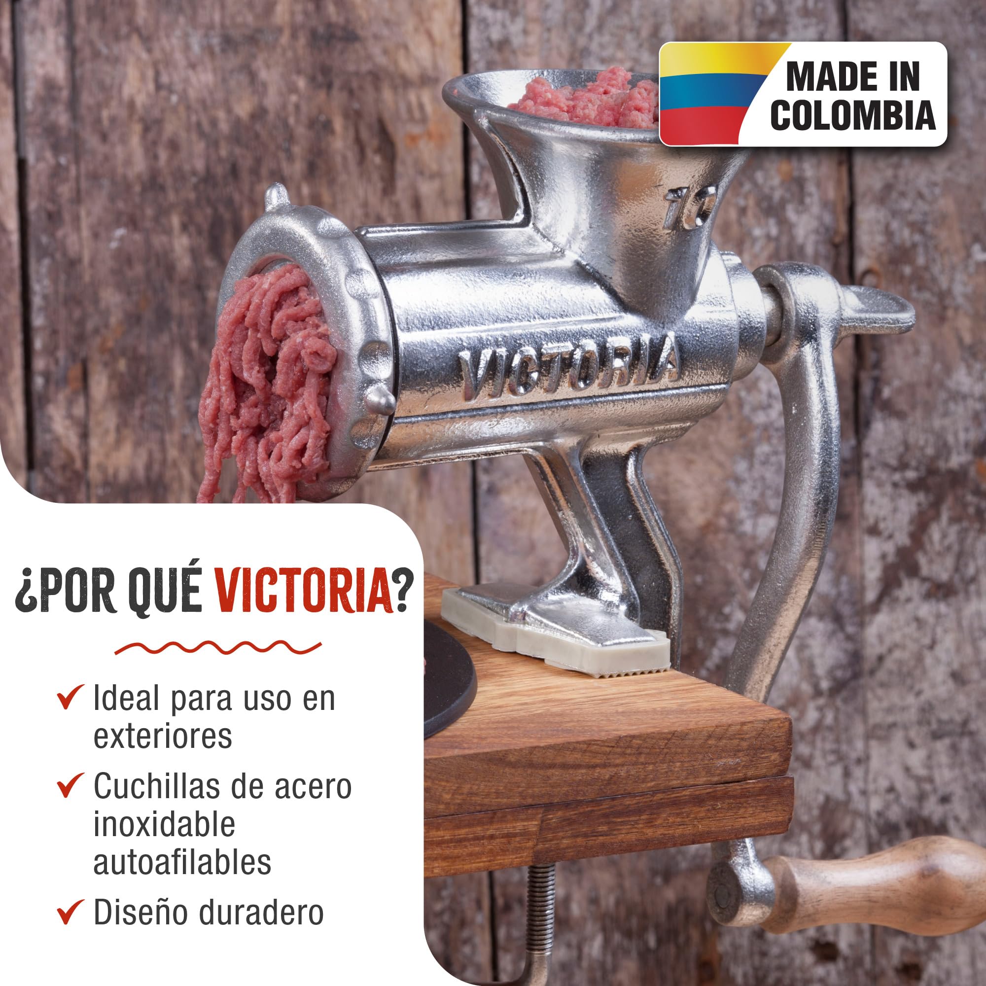 Victoria Picadora Trituradora de Carne Manual, Embutidora Salchichas, Chorizo, Máquina para Picar Carne para Embutidos, Hierro Fundido, Número 10, Meat Grinder con Abrazadera para Mesa