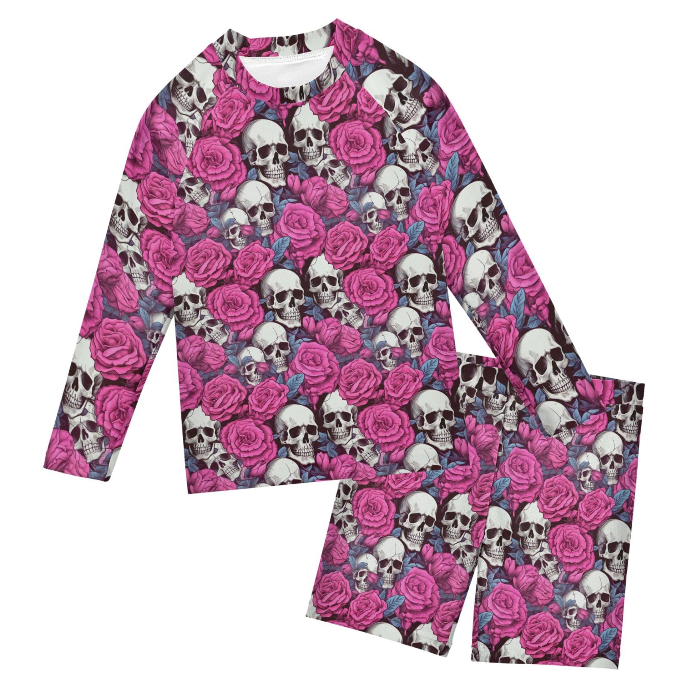 Sugar Skull Skeleton Flowers Toddler Boys' 2-Piece Swimsuit Trunk, Long Sleeve Rashguard Bathing Suit B0402995