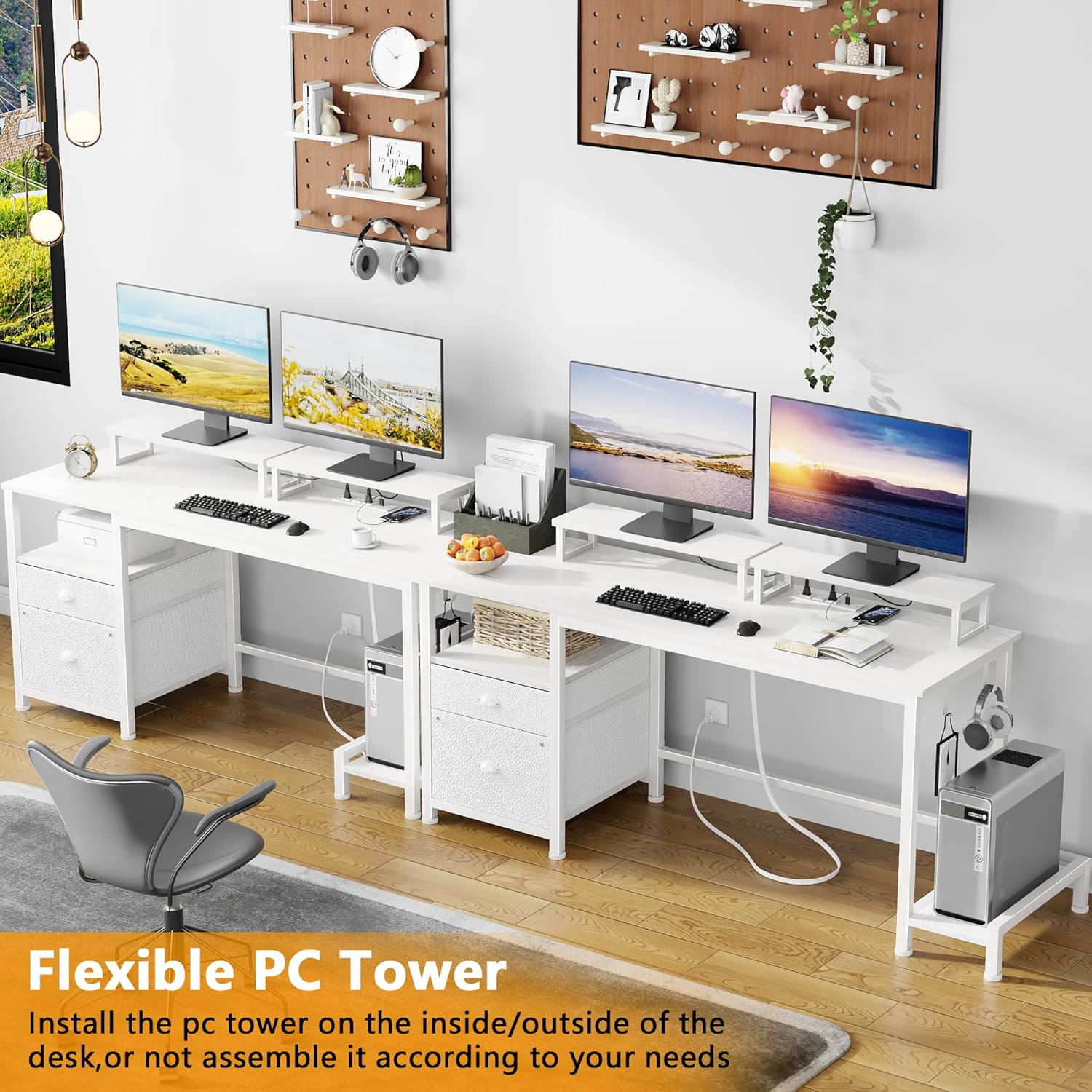 Furologee 47" Computer Desk with File Cabinet and Power Outlets, Home Office Desk with 2 Monitor Stands and Storage Drawer, Writing Gaming Table with Shelves and 2 Hooks for Bedroom, Rustic Brown The Forest Stewardship Council - imagen 4