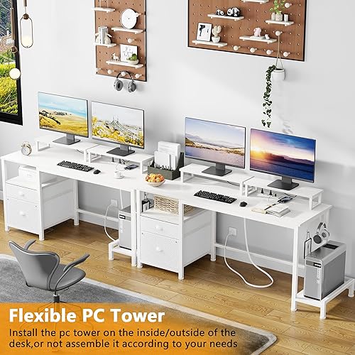 Miniatura 2 de Furologee White Computer Desk with Drawer and Power Outlets, 55" Large Gaming Desk with Fabric File Cabinet and 2 Movable Monitor Shelves, Writing