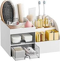 fanado Makeup Organizer with 2 Drawers & Brush Holder - Vanity Countertop Storage for Cosmetics, Skincare, White (8.3x5.7x4.5in)