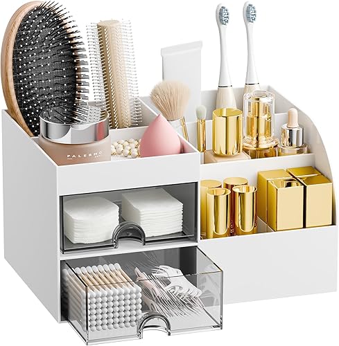 Organizador de maquillaje con 2 cajones, organizadores de maquillaje para encimera de tocador y baño, organización de maquillaje y almacenamiento de