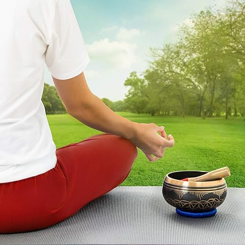 Miniatura 7 de Cuenco de 6 pulgadas con diseño de flor de la vida con mazo y cojín. Cuencos tibetanos con sonido para curación de energía, atención plena, puesta a