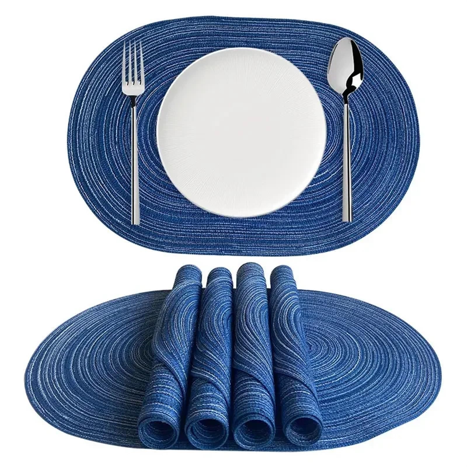 place mats for table Oval Round Placemat Decoration Cotton Woven Pad Table Mats Placemats Place Mat Dining Room Kitchen for Kitchen Restaurant Dining Table(Blue)