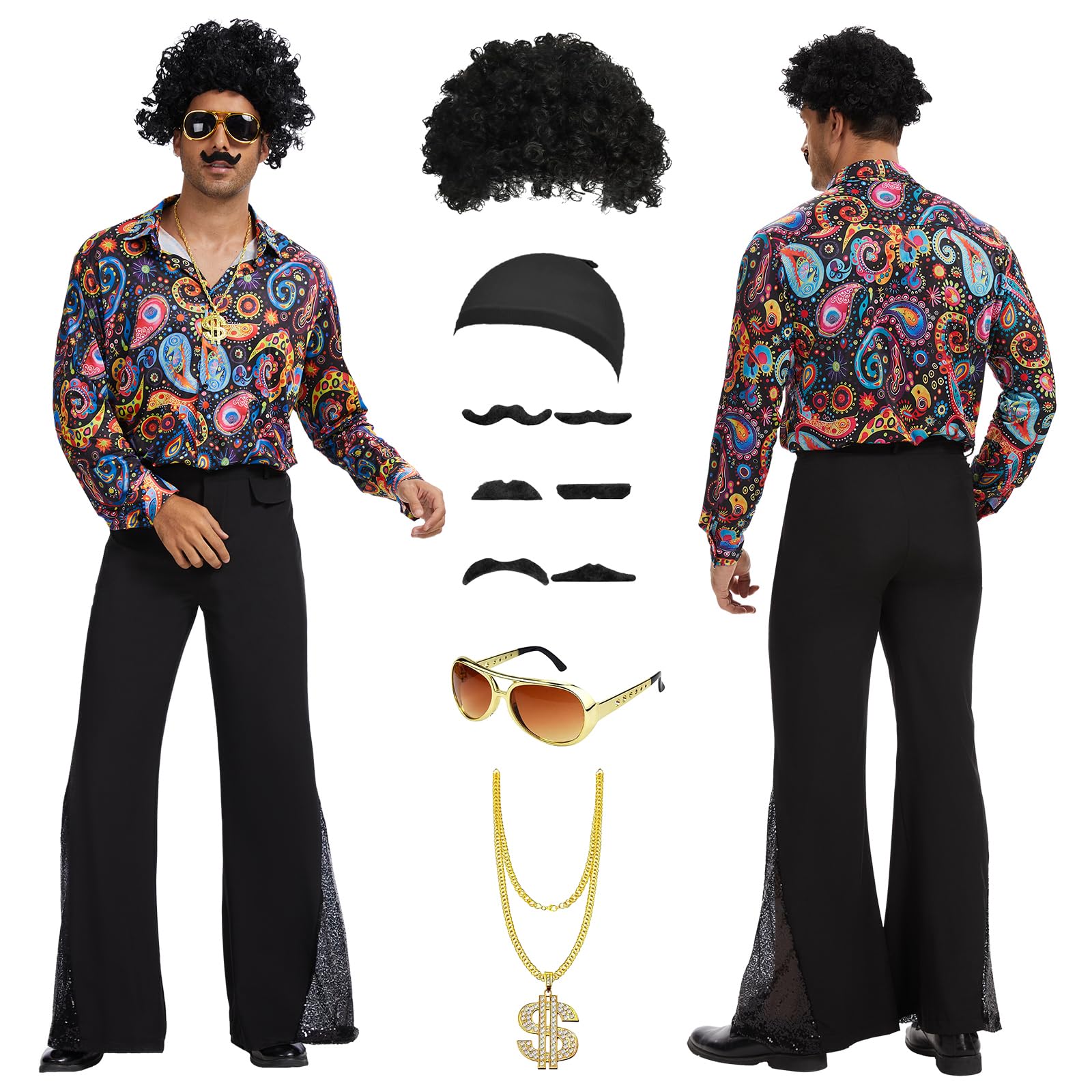 70s Disco Costume for Men 6 Pcs Shirt Bell-Bottom Pants Wigs Sunglasses Necklace Shirts for Disco Party