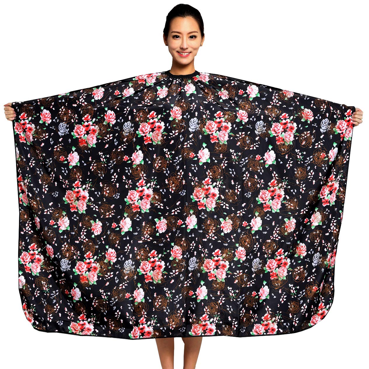 Kahot Women's Rose Hairdressing Gown Barbers Cape Black Flowers Cape With Snap Closure Waterproof Professional Barbers Hairdressers Gown For Hair Styling Colours Haircuts ( Cape)