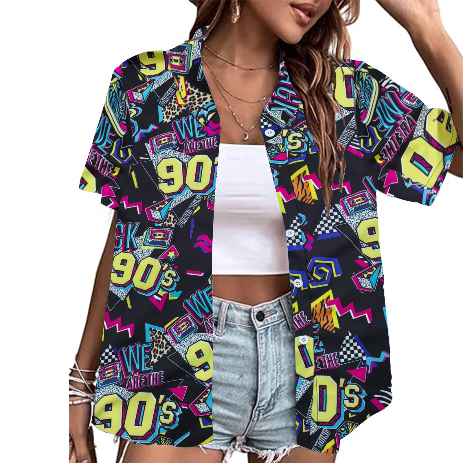 Trajes de los años 80 y 90 para mujer, camisa temática de fiesta de los años 80, camisa hawaiana con botones, camiseta retro de discoteca de neón | Disfraz retro de neón de los años 80, blusa hawaiana con botones