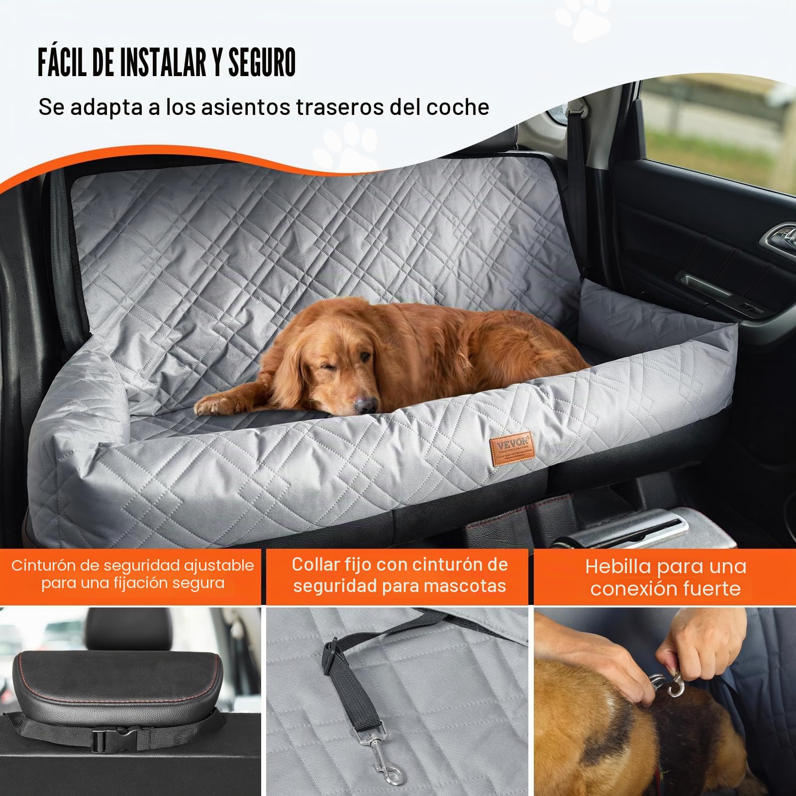 VEVOR Asiento de Coche para Perros 45 kg Asiento de Seguridad para Mascotas Asiento Elevador Impermeable con Correa de Seguridad con Clip Acolchado de Algodón PP Silla para Coche para Mascotas, Gris