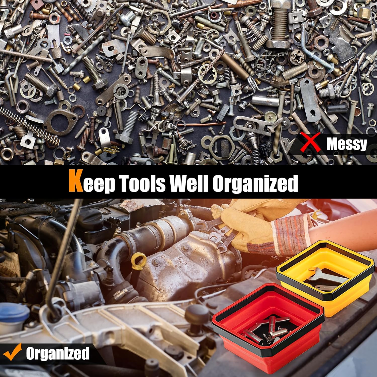 ERGOMASTER Collapsible Magnetic Tray, 4 Pack 4.5” Square Silicone Magnetic Tool Tray Bowl for Holding Nuts and Bolts