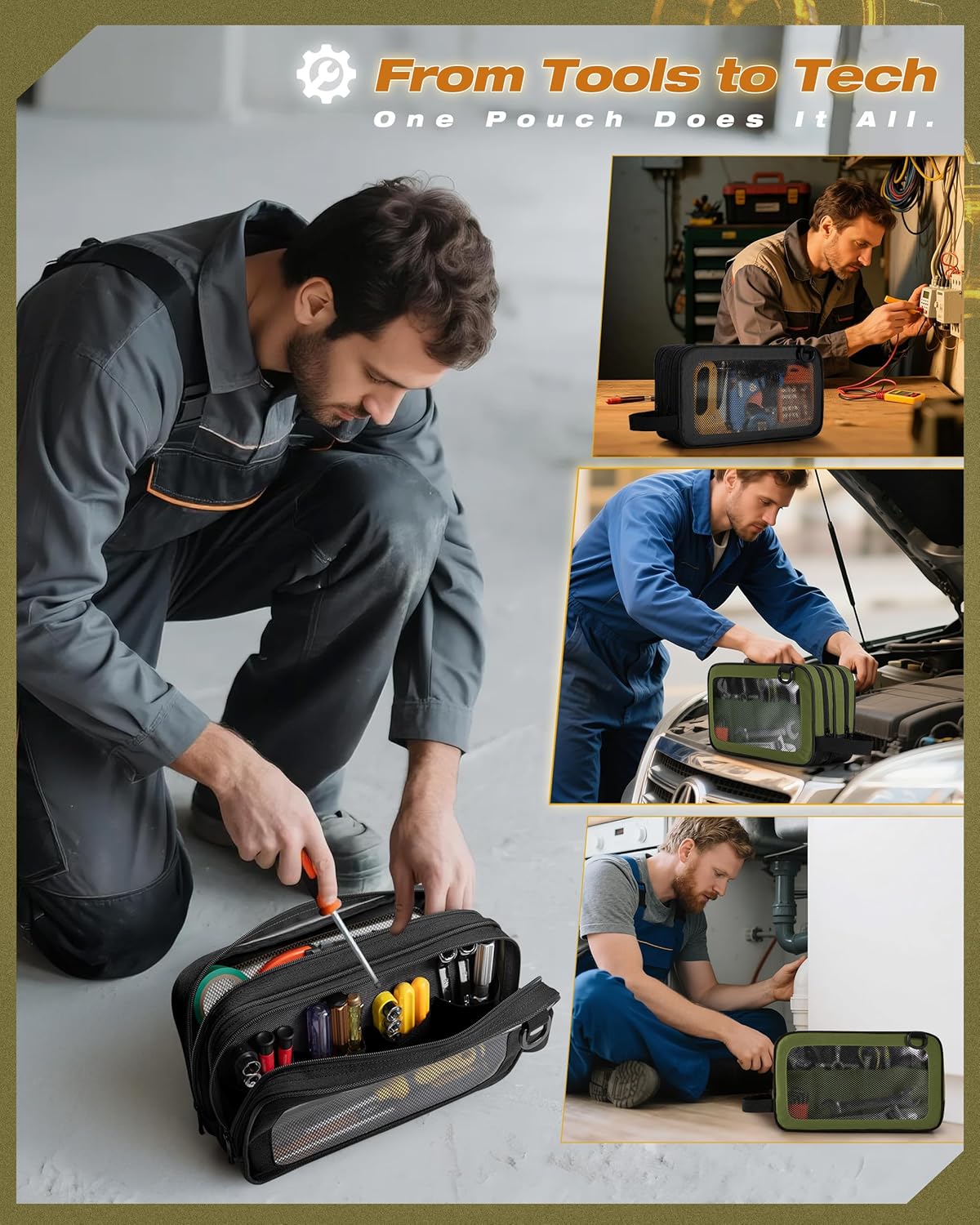 2 Pack Tool Pouch with Dual Compartments, 12” Tool Bag with Detachable Shoulder Strap, Carry Handle and Translucent Window, Black/Green - Image 7