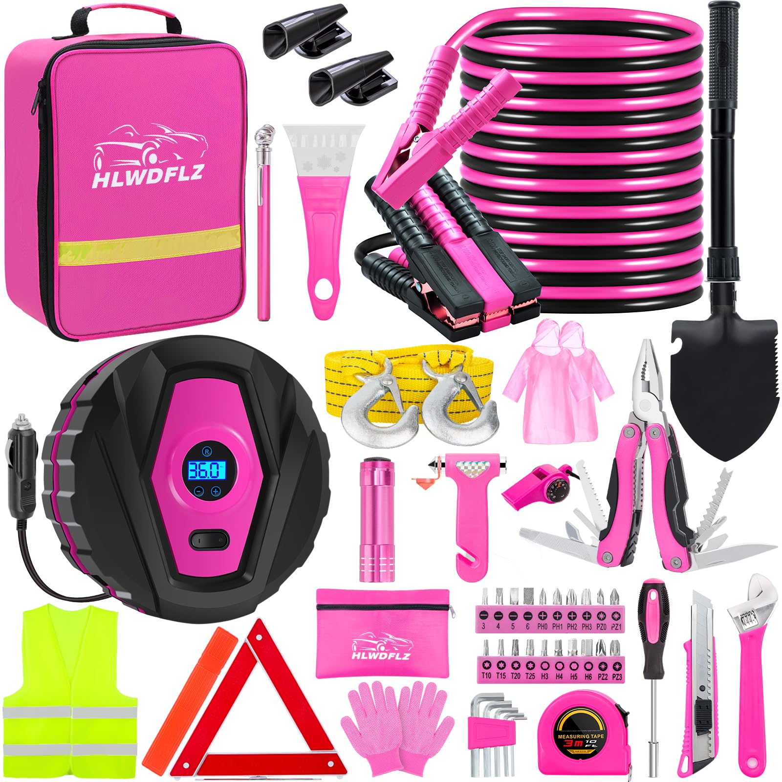 HLWDFLZ Car Emergency Kit with Portable Air Compressor - Roadside Emergency Kit for Vehicles, Winter Car Safety Roadside Assist Kit, Emergency Car Kit for Teen Girl and Ladies M-75