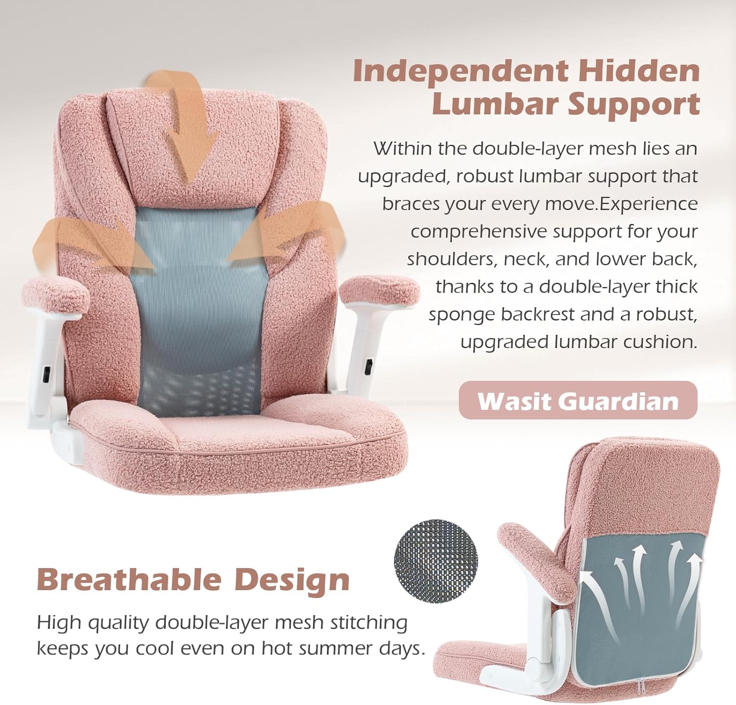 SEATZONE Pink Home Desk Office Chair with Arms and Wheels, Comfortable Executive Computer Chair, Breathable Mesh and Teddy Fleece Fabric Swivel Task Chairs for Women&Girls