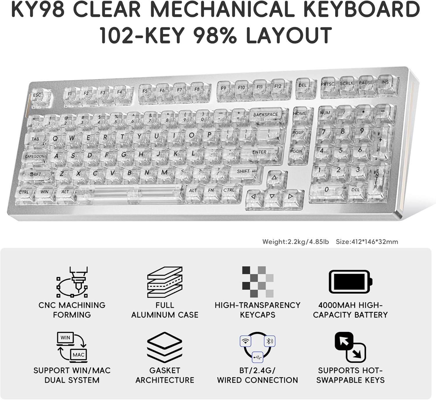 kutethy KY98 Wireless Mechanical Keyboard with Transparent Keycaps,Full Aluminum CNC,Hot-swappable,Pre-lubed Linear Switches,Gasket Structure,RGB Backlit,OLED Screen,BT5.0/2.4G/USB-C Wired (Silver)