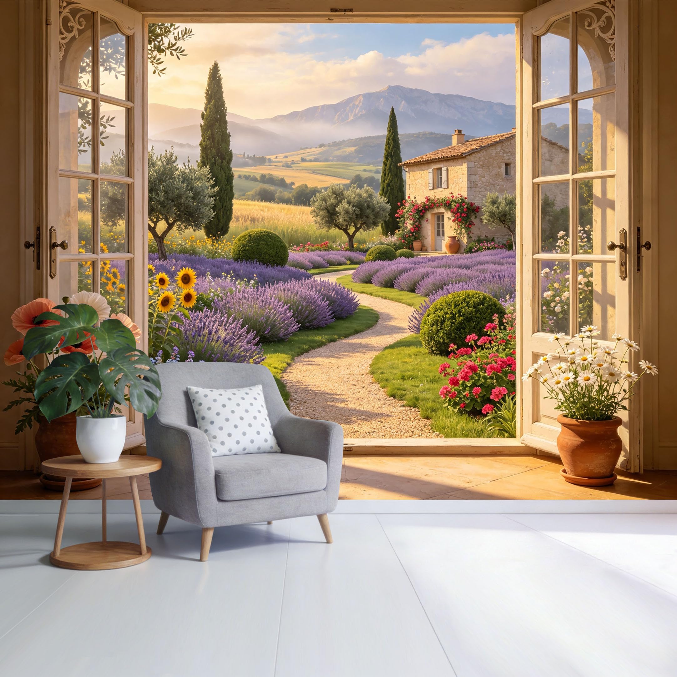 Custom Size Wall Mural Tuscan Lavender Field Landscape Trompe L'Oeil View Removable Self Adhesive Fabric Home Wall Decor for Living Room Bedroom Bathroom