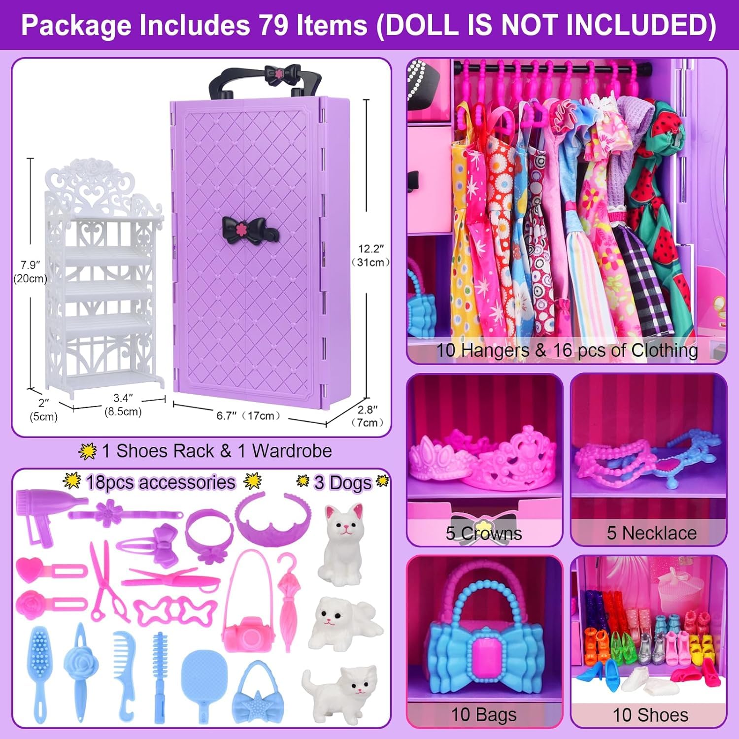 79 Pièces Vêtements et Accessoires avec Armoire pour Poupées 29cm et 11.5 Pouces Inclut Robe de Mariage Ensemble, Tenues de Mode Hauts, Pantalons Chaussures Cintres, Sacs, Collier, Cintres - 3