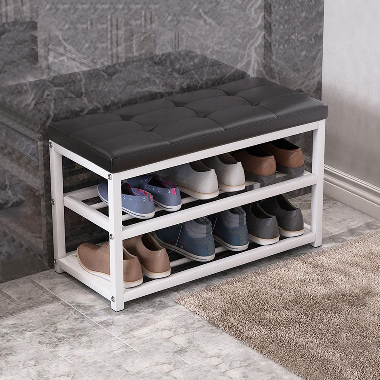 Étagère à chaussures en similicuir et métal noir meuble d'entrée chic